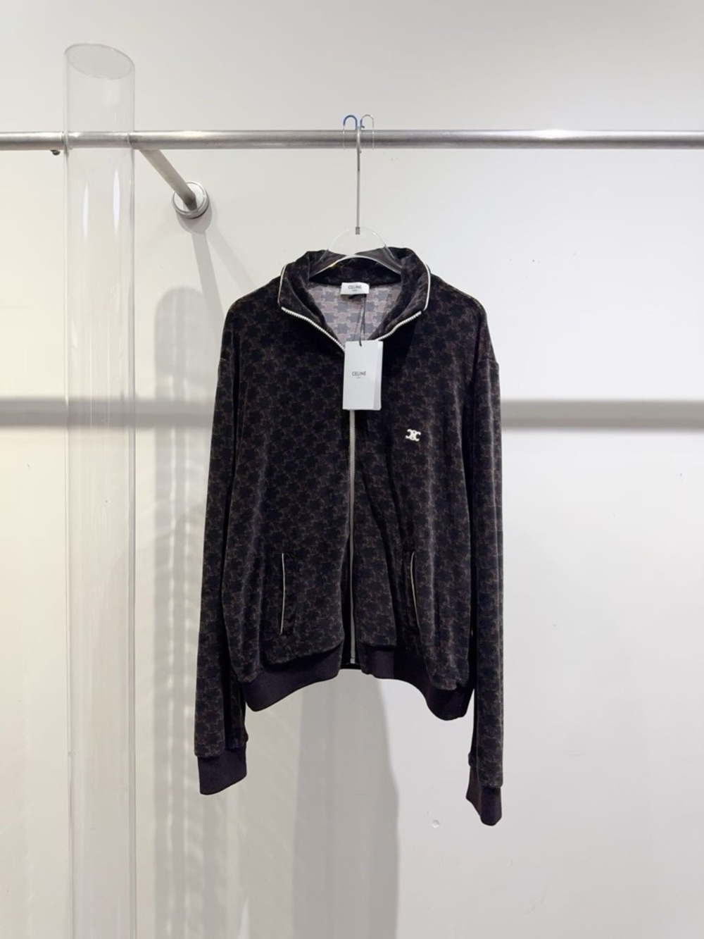 Authentic Celine Dark Brown Monogram Zip Bomber Jacket